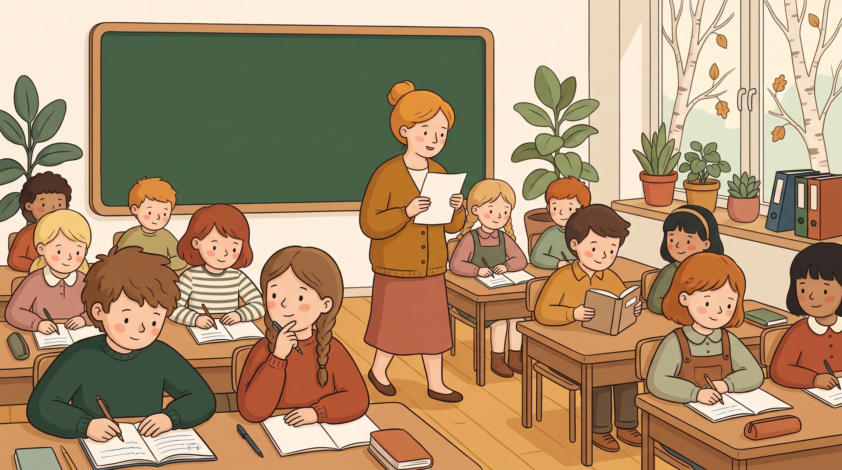 Uczniowie piątej klasy piszą w zeszytach, a nauczycielka przechodzi między ławkami i czyta tekst z kartki.