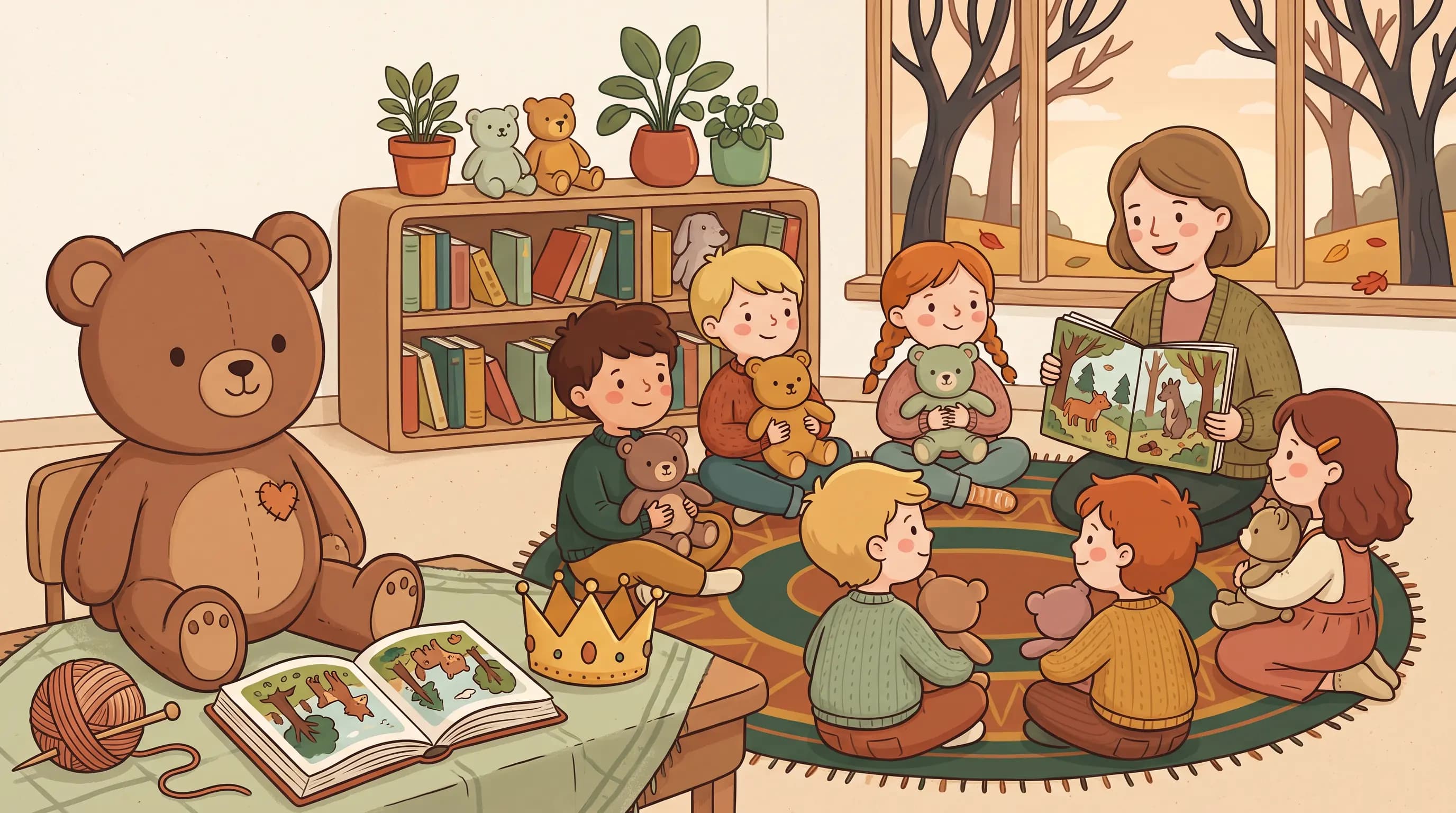 Dzieci siedzą w kręgu ze swoimi misiami, a nauczycielka czyta im książkę z obrazkami.